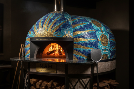 MAM Forni Napoli Hand-Tiled Neapolitan Pizza Oven with custom mosaic tile dome handcrafted in Modena Italy